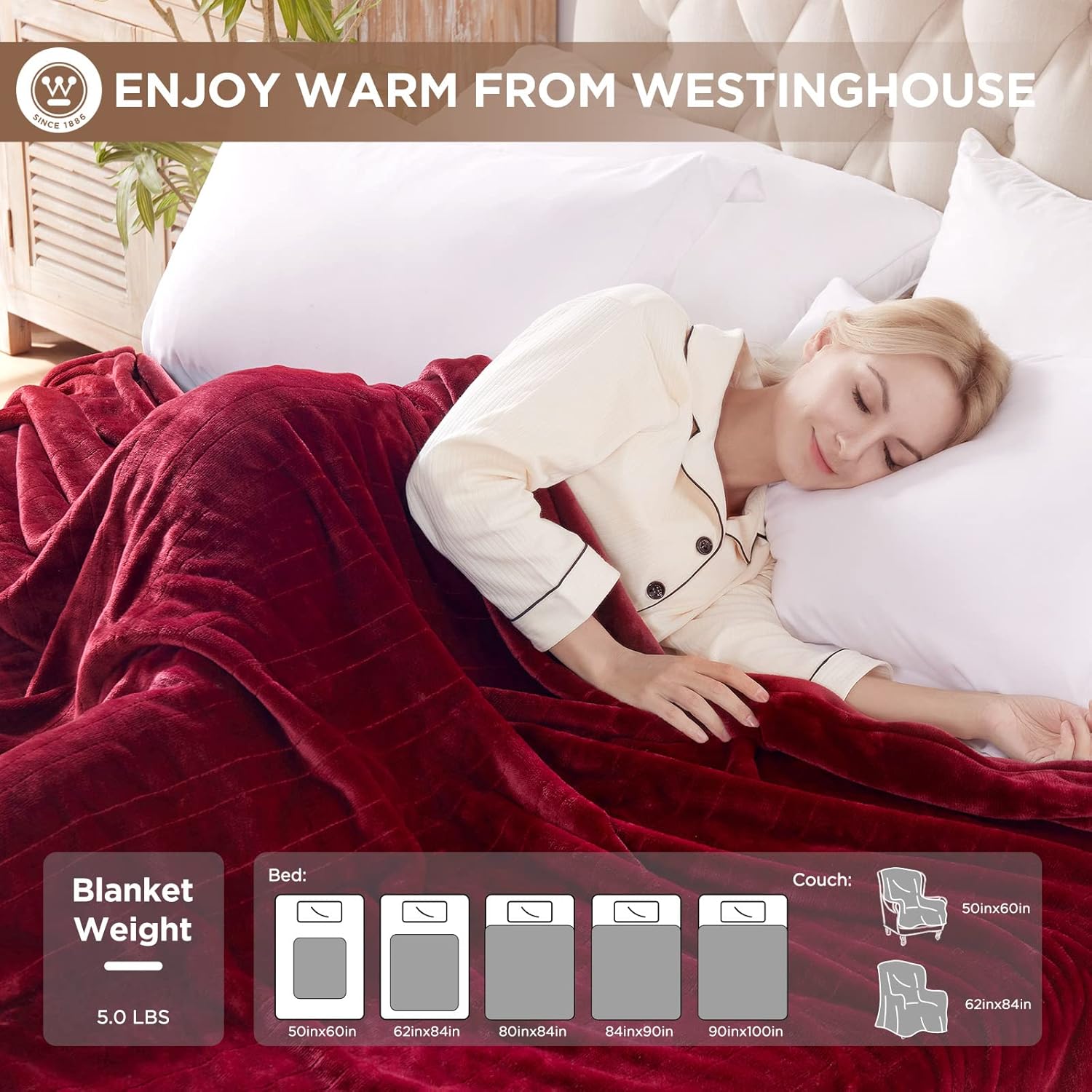 Westinghouse Queen Size Electric Heating Blanket - 10 Levels, Auto Shut Off, Fast Heating - Machine Washable (Queen, 84x90 Inches, Wine Red)
